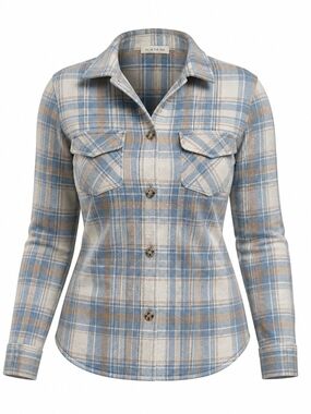 Pie in the Sky Women's Plaid Button Up Shacket Shirt Jacket Blue Beige Size S